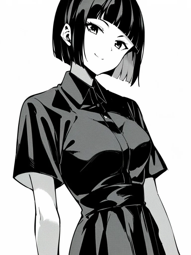 score_9, score_8_up, score_7_up,
1girl, black hair, blunt bangs, bob cut, medium hair, medium breasts,
monochrome,
standing, white background, smile, closed mouth, black dress, collared dress, short sleeves, looking at viewer,