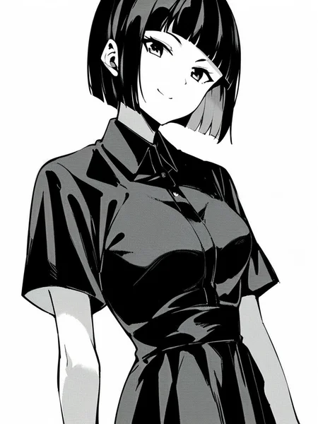 score_9, score_8_up, score_7_up,  
1girl, black hair, blunt bangs, bob cut, medium hair, medium breasts,
monochrome,
standing, white background, smile, closed mouth, black dress, collared dress, short sleeves, looking at viewer,
