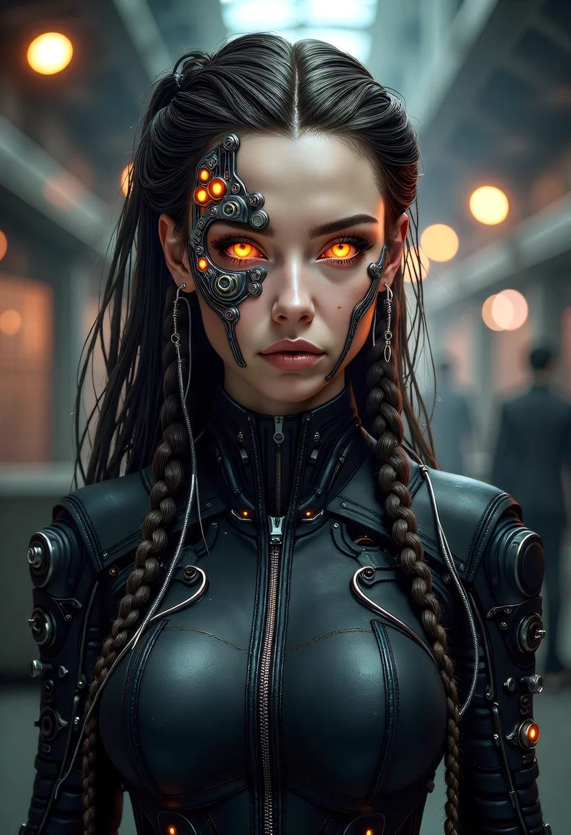 Create a detailed and realistic illustration of a futuristic, cybernetic biopunk woman with a strong, mechanical appearance. Her face is adorned with intricate metal and cybernetic components, including glowing orange lights and mechanical bolts. Her hair is long and braided, with strands of metal and wires visible. The background should be a dark, industrial setting with blurred lights and structures, giving a sense of a futuristic, sci-fi environment. The overall style should be dark and dramatic, with a focus on the intricate details of the cybernetic components. <lora:artist/style of H. R. Giger FLUX 295-000006.safetensors:1.0>, style of H. R. Giger, <lora:flux/Realism 2>, realism, realistic, <lora:fantasy_portrait_by_cosmic>, <lora:flux_trainer/bioPunk_v1>