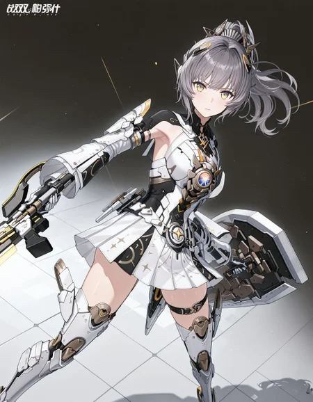 masterpiece,best quality,amazing quality,very aesthetic,high resolution,ultra detailed,perfect details,
<lora:mai_pgr_nanami_mxzj:1>,<lora:punishing_gray_raven_v2_style:1>,pgr,
mai_pgr_nanami_mxzj,1girl,solo,breasts,looking_at_viewer,skirt,gloves,thighhighs,holding,closed_mouth,yellow_eyes,grey_hair,ponytail,weapon,pleated_skirt,boots,sword,holding_weapon,thigh_strap,holding_sword,thigh_boots,headgear,white_skirt,science_fiction,shield,joints,mecha_musume,robot_joints,holding_shield,mechanical_legs,armpit_cutout,
dutch angle,<lora:DynamicPoseIL2att_alpha1.0_rank4_noxattn_900steps:1.7>,dynamic pose,from above,