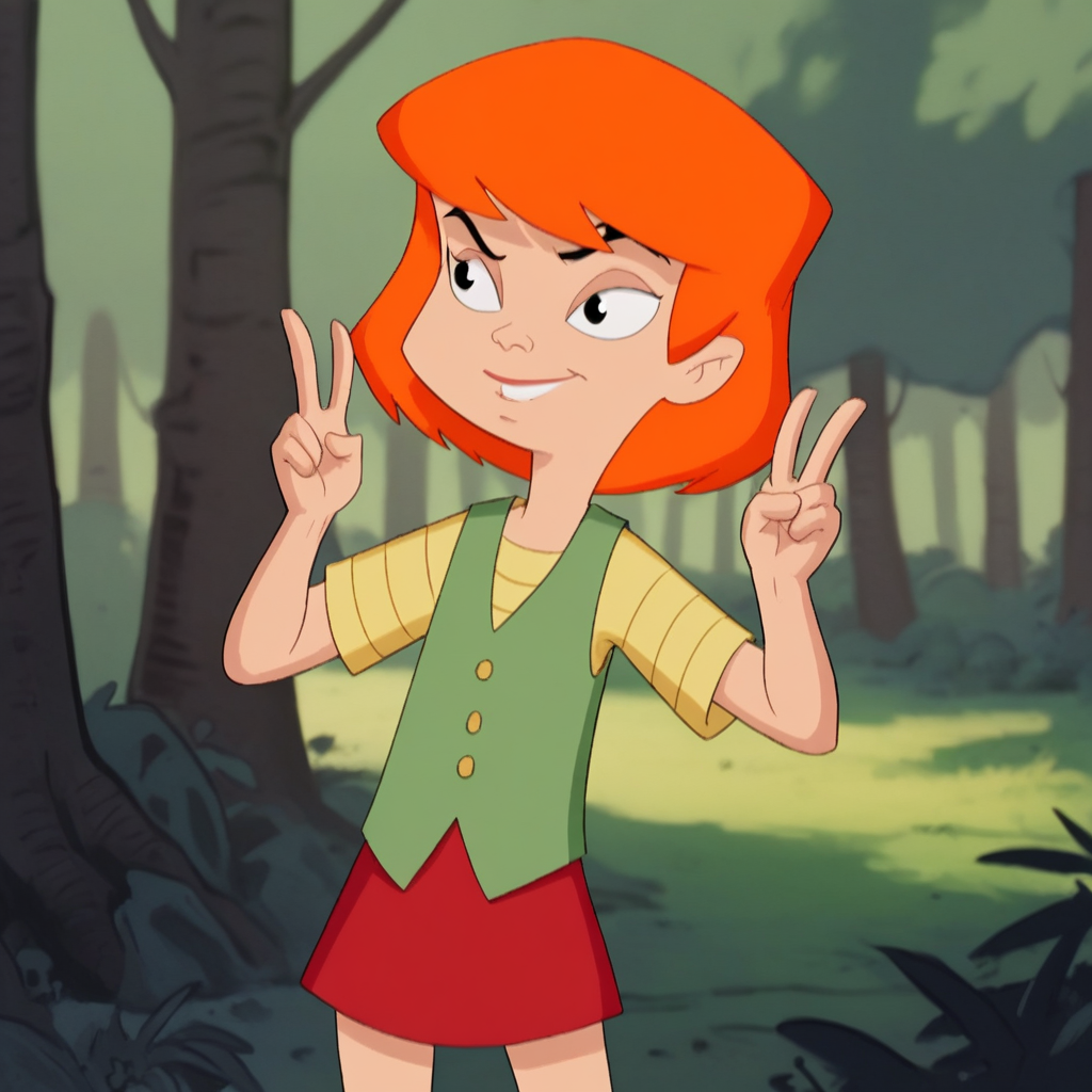score_9_up, score_8_up, BREAK, Darla, 1girl, solo, orange hair, short hair, black eyes, shirt, vest, skirt, cowboy shot,  <lora:DarlaGugenheek_PXL_Leaf1:1>, outdoors, forest, double v,