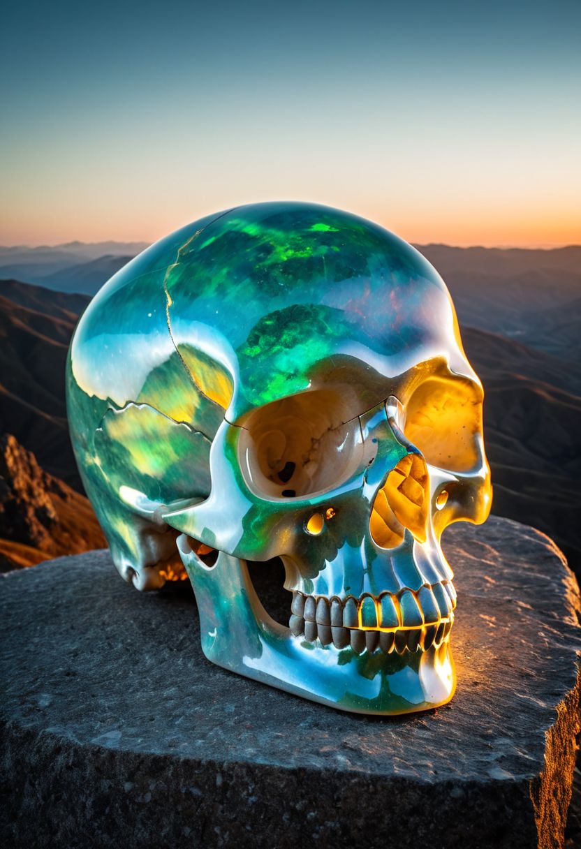 Fujifilm XT3, Sony A7 IV, (award winning photography) a marble skull made of opal set on a stone ledge in the early morning light, glistening. in the background beautiful valleys, divine iridescent glowing, opalescent textures, volumetric light, ethereal, sparkling, studio photo, highly detailed, sharp focus (highest quality: 1.39) (highest coherency: 1.39) (award winning photography), highly detailed photography, (muted colors, cinematic, dim colors, soothing tones:1.2), vibrant, insanely detailed, hyperdetailed, (dark shot:1.2), (vsco:0.3), (intricate details:0.9), (hdr, hyperdetailed:1.2) (vignette), sss