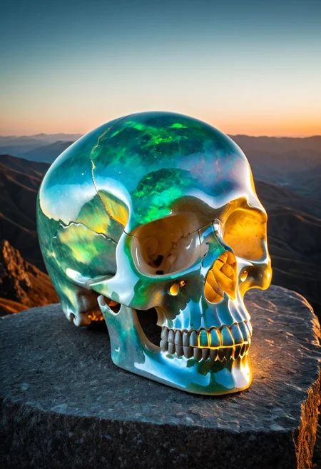 Fujifilm XT3, Sony A7 IV, (award winning photography) a marble skull made of opal set on a stone ledge in the early morning light, glistening. in the background beautiful valleys, divine iridescent glowing, opalescent textures, volumetric light, ethereal, sparkling, studio photo, highly detailed, sharp focus (highest quality: 1.39) (highest coherency: 1.39) (award winning photography), highly detailed photography, (muted colors, cinematic, dim colors, soothing tones:1.2), vibrant, insanely detailed, hyperdetailed, (dark shot:1.2), (vsco:0.3), (intricate details:0.9), (hdr, hyperdetailed:1.2) (vignette), sss