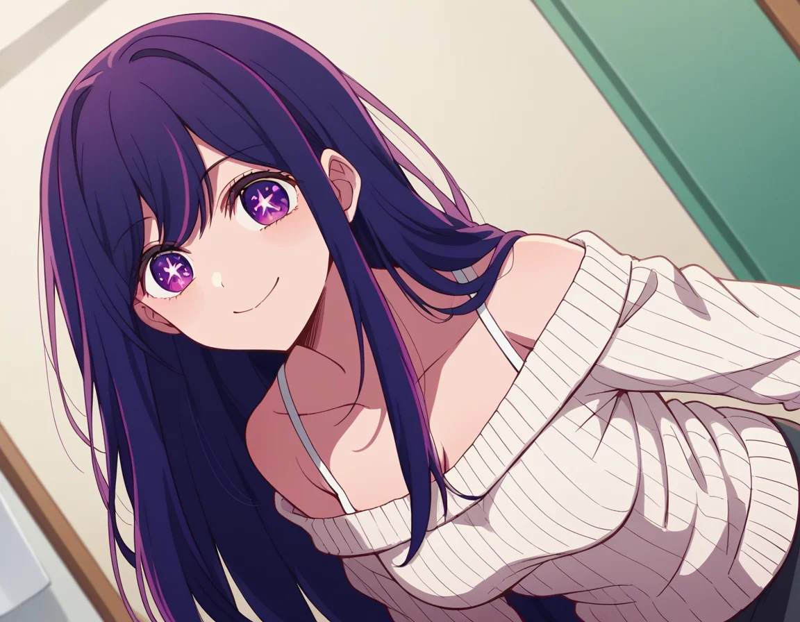 score_9, score_8_up, score_7_up, source_anime,
aihoshino, <lora:ai-hoshino-s1-ponyxl-lora-nochekaiser:1>,
ai hoshino, long hair, bangs, purple eyes, purple hair, symbol-shaped pupils,
long sleeves, sweater, ribbed sweater, camisole, white camisole,
indoors, smile, bent over,
looking at viewer, cowboy shot, dutch angle, solo,