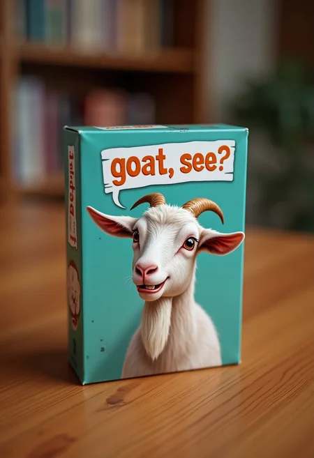 a card game box on a  table. The game is titled "goat, see?" with a goat winking