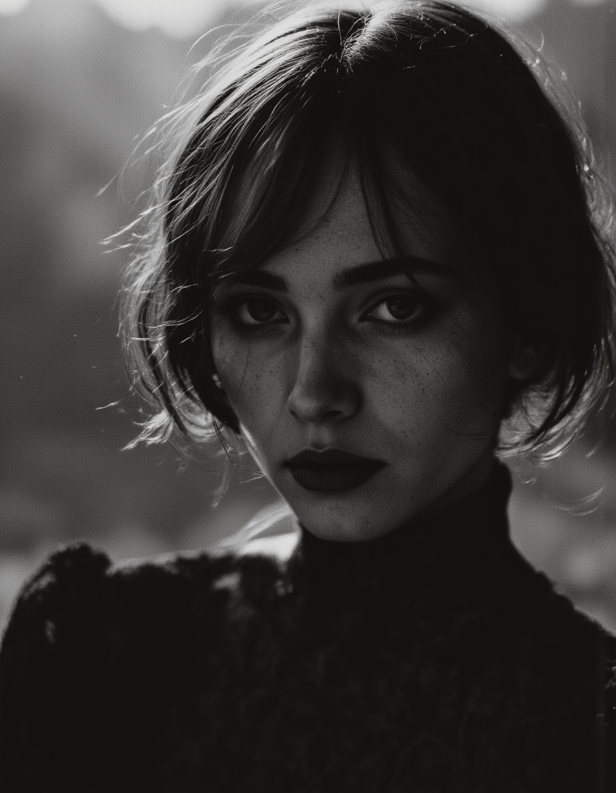 <lora:BWMonochrome:0.85> mono, A photorealistic, high-contrast, black and white portrait. The subject has a gaunt face with deep-set eyes, framed by disheveled, dark hair. They are wearing a high-collared, Victorian-era lace gown in faded grayscale tones, accentuating a haunting, ethereal quality. Lighting is dramatic, casting long shadows. . 35mm photograph, film, bokeh, professional, 4k, highly detailed