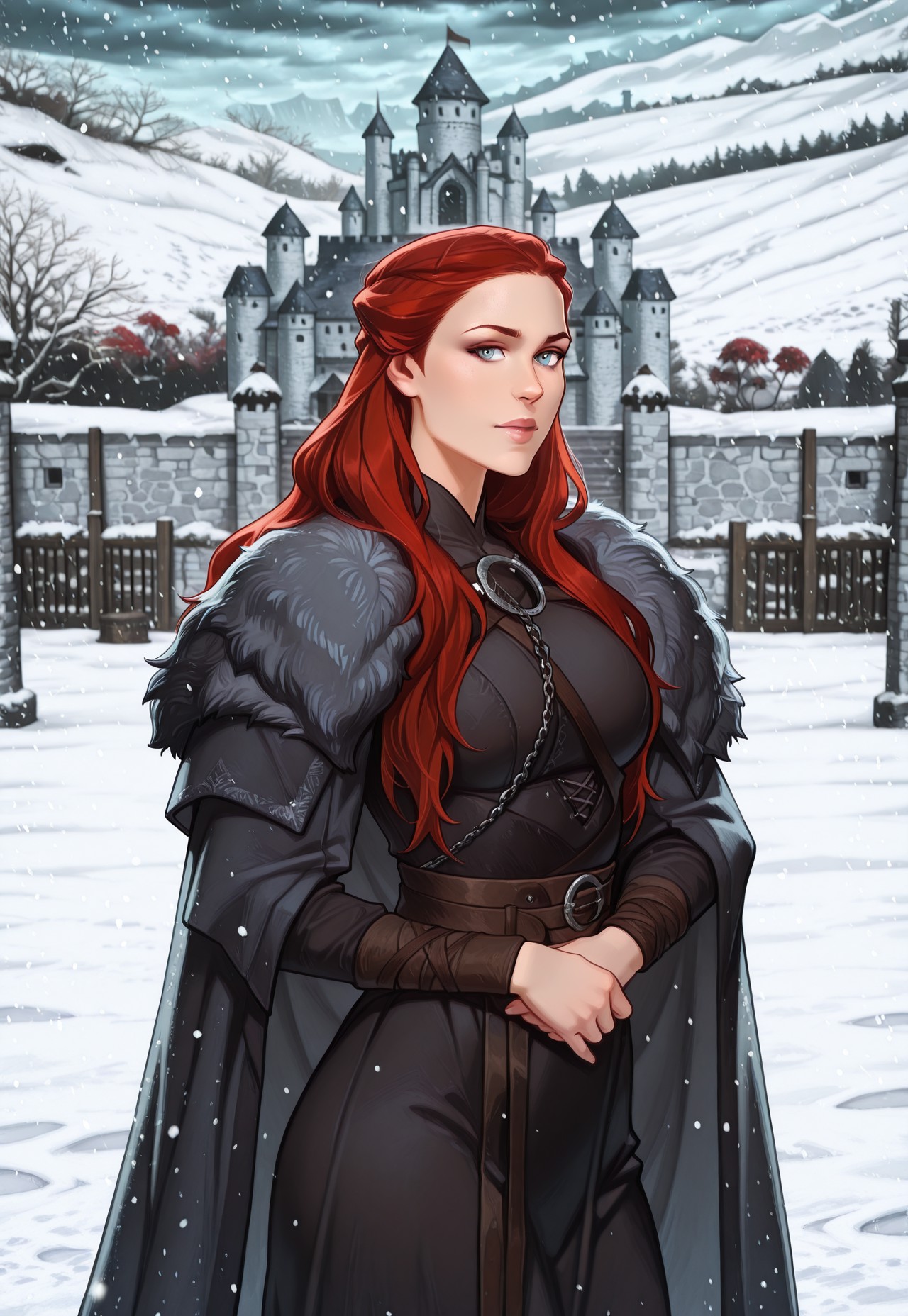 mai_ki_style, frostbite, 4s0r4, masterpiece, best quality, highly detailed, highres, absurdres, highly detailed, depth of field, vibrant image, dynamic, detailed face, detailed eyes, intricate details, absurdres, amazing quality, very aesthetic, upscale, ancient rome aesthetic, detailed pose, dynamic pose, close angle, detailed background,
BREAK
outdoors, nightime, castle rooftop, medieval city, castle archytecture, fantasy world, beauty, beautiful, beautiful skin, crosed arms, seductive, looking at viewer, detailed face, five fingers, detailed facial features, cowboy shot, garden, castle walls, snow, winter climate, cold ambience, The North
BREAK 
1girl, solo, long hair, red hair, blue eyes, black dress, fur trim, cape,