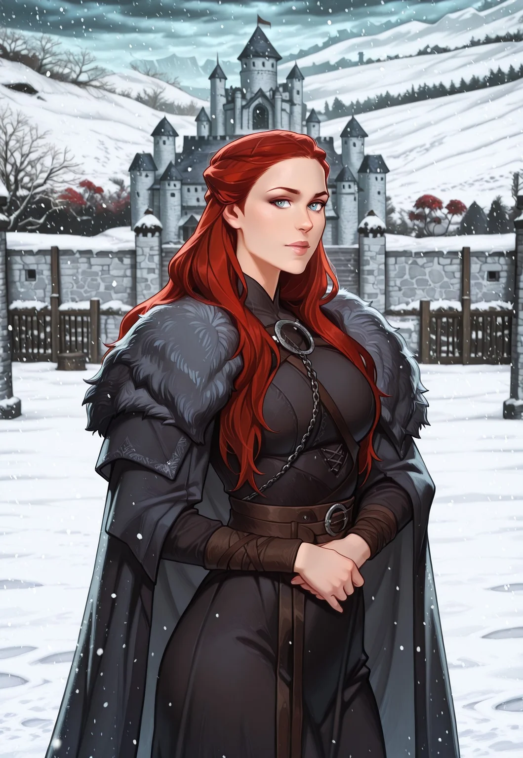 mai_ki_style, frostbite, 4s0r4, masterpiece, best quality, highly detailed, highres, absurdres, highly detailed, depth of field, vibrant image, dynamic, detailed face, detailed eyes, intricate details, absurdres, amazing quality, very aesthetic, upscale, ancient rome aesthetic, detailed pose, dynamic pose, close angle, detailed background,
BREAK
outdoors, nightime, castle rooftop, medieval city, castle archytecture, fantasy world, beauty, beautiful, beautiful skin, crosed arms, seductive, looking at viewer, detailed face, five fingers, detailed facial features, cowboy shot, garden, castle walls, snow, winter climate, cold ambience, The North
BREAK
1girl, solo, long hair, red hair, blue eyes, black dress, fur trim, cape,