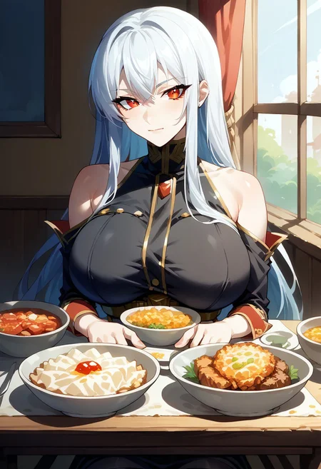 masterpiece,best quality,score_9, score_8_up, score_7_up, score_6_up, source_anime, BREAK 1girl, <lora:selvaria-pdxl-nvwls-v1-000005:1> selvaria, very long hair,(light smile,closed mouth,looking at viewer),(black shirt, bare shoulders, belt, black leggings, detached sleeves,bare hand),(CONCEPT_PovDating_ownwaifu),(dinner,sitting,hands on table),(indoor,table,chair,window),(food focus,typical german food)