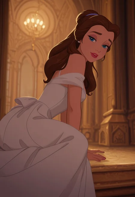 DisneyRenstyle, DISNEY_ANIMATION,
masterpiece, best quality, hyper-realistic, ultra-HD, luminous lighting, cinematic ambiance, shimmering gradients, ethereal glow, deep contrast, rich color tones, seductive atmosphere, captivating sensuality, Cinematic Lighting, (belle \(beauty and the beast\),:1.3)
raytracing, volumetric lighting, ambient occlusion, Background, girl, solo, dress, sitting,leaning forward,
