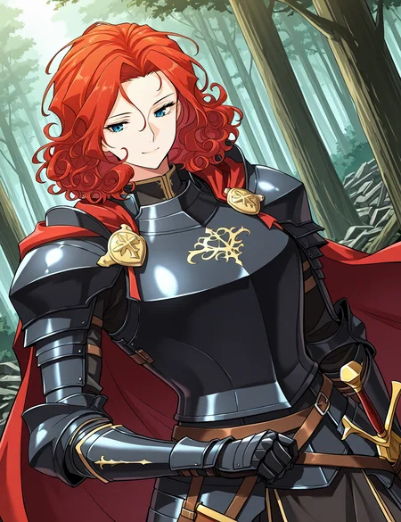 <lora:Alicia_Termina_Magentano__The_Greatest_Estate_Designer:1>
1 girl, solo, red hair, blue eyes, medium hair, curly hair
armor, red cape, black shoulder armor, black pauldrons, black gauntlets, black breastplate, sheath, sword
score_9, score_8_up, score_7_up, very aesthetic, source_anime, detailed, high quality, beautiful, masterpiece, detailed eyes, forest, tree, ruins, cowboy shot, dynamic angle, upper body, light smile, dynamic pose