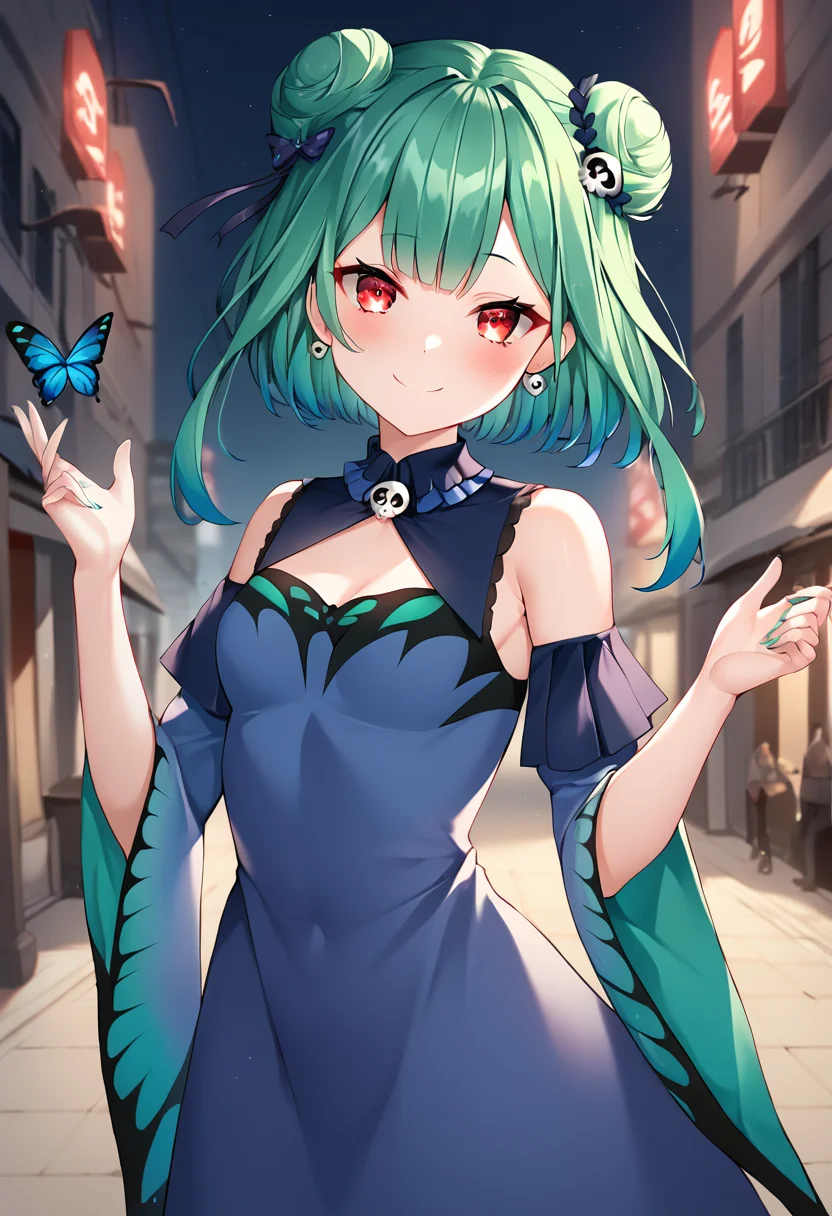 uruha_rushia, rushia_default, green hair, medium hair, double bun, skull hair ornament, red eyes, small breasts, petite, virtual youtuber, hair ornament, hair bun, dress, jewelry, earrings, butterfly print, detached sleeves, butterfly dress, blue dress BREAK outdoors,city street, night BREAK sexy pose, looking at viewer, sexy face, sexy smile, cowboy shot, dynamic pose, BREAK score_9, score_8_up, score_7_up, source_anime ,zPDXL, perfect hand,<lora:Uruha_Rushia:0.8>,