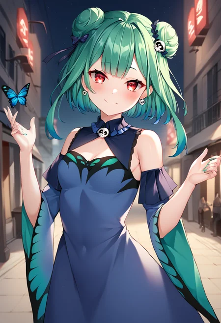 uruha_rushia, rushia_default, green hair, medium hair, double bun, skull hair ornament, red eyes, small breasts, petite, virtual youtuber, hair ornament, hair bun, dress, jewelry, earrings, butterfly print, detached sleeves, butterfly dress, blue dress BREAK outdoors,city street, night BREAK sexy pose, looking at viewer, sexy face, sexy smile, cowboy shot, dynamic pose, BREAK score_9, score_8_up, score_7_up, source_anime ,zPDXL, perfect hand,<lora:Uruha_Rushia:0.8>,