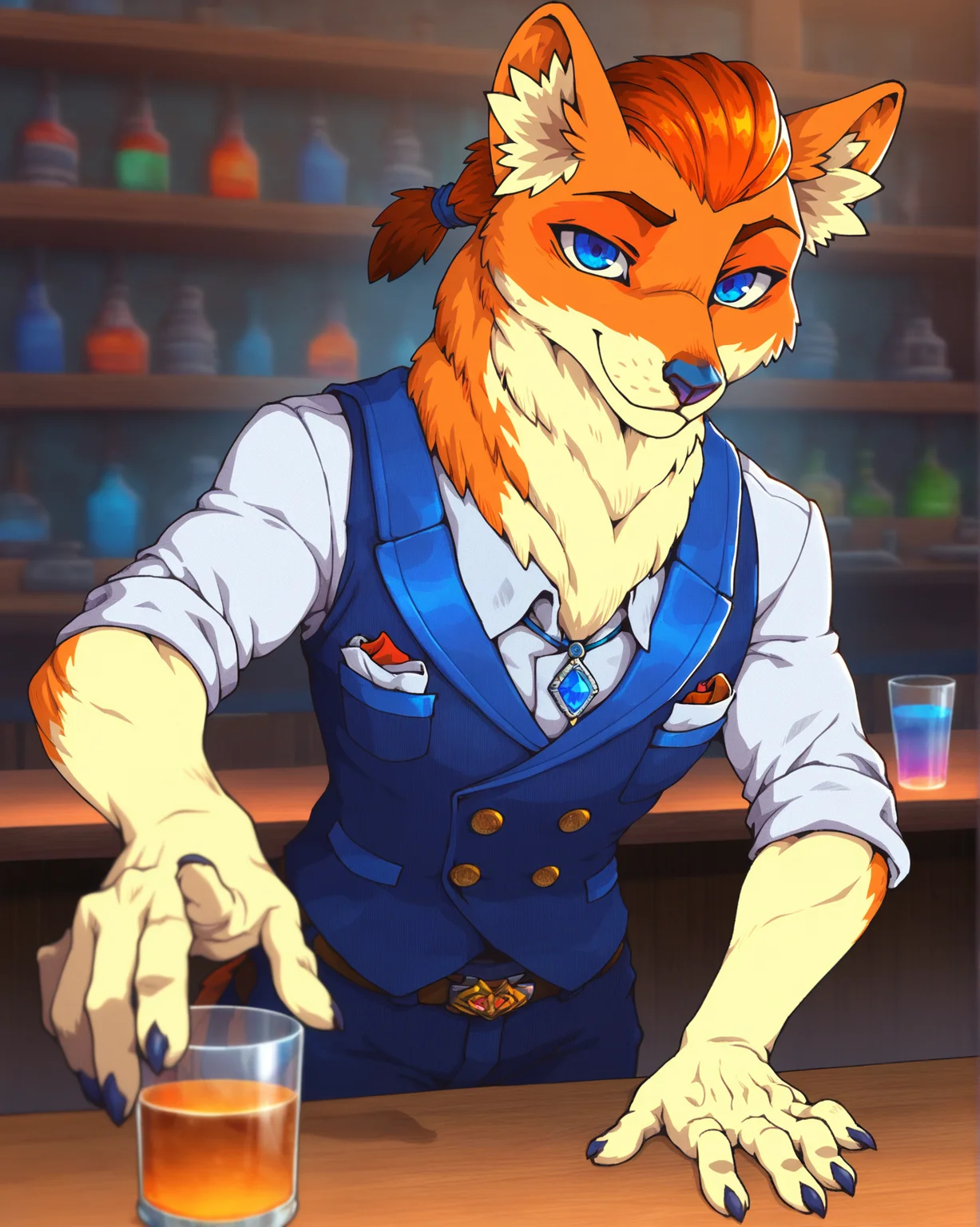 masterpiece, best quality, dhole, anthro, solo, male, blue eyes, short ponytail, red hair, looking at viewer, white shirt and blue vest, sapphire necklace, pocket, belt, rolled up sleeves, red pocket square, bar, glass, bar counter, bartender, cleaning, perspective, smile,
<lora:HaroldAndWilly_noob-1.11:1>