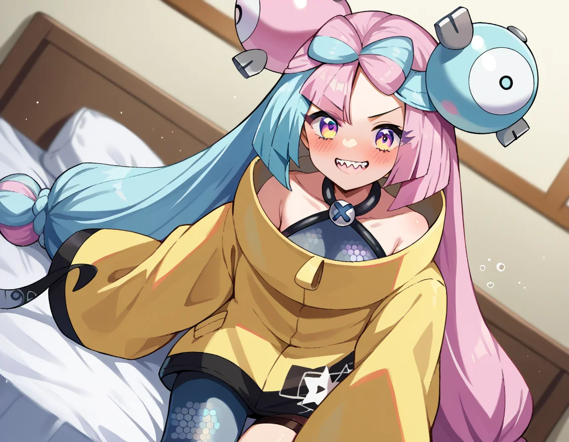 score_9, score_8_up, score_7_up, source_anime,
pokemoniono, <lora:pokemon-iono-ponyxl-lora-nochekaiser:1>
pokemon iono, blue hair, bow-shaped hair, character hair ornament, hair ornament, long hair, low-tied long hair, multicolored hair, pink hair, sharp teeth, split-color hair, twintails, two-tone hair, pink eyes, smile,
asymmetrical legwear, bell, bow-shaped hair, character hair ornament, hexagon print, oversized clothes, pantyhose, single leg pantyhose, split-color hair, jacket, yellow jacket,
indoors, bed, bed room, on side, blush, drunk,
looking at viewer, cowboy shot, dutch angle,