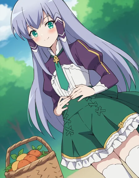 score_9, score_8_up, score_7_up, source_anime, <lora:elze-silhoueska-s2-ponyxl-lora-nochekaiser:1>, elze silhoueska, long hair, blue eyes, green eyes, blue hair, aqua eyes, hair tubes,, skirt, thighhighs, white thighhighs, puffy sleeves, white shirt, necktie, green necktie, purple sleeves, green skirt, frilled skirt, farmers market, fresh produce, local vendors, baskets, sunny day, community, smile, hands on stomach, blush,, looking at viewer, solo,, dutch angle, cowboy shot