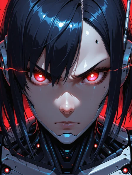 1women, face close up, determined, serious, confident, angry, detailed eyes, glowing eyes,, masterpiece,best quality,amazing quality,, cybernetic, cyborg <lora:cybernetic_ill:0.5>