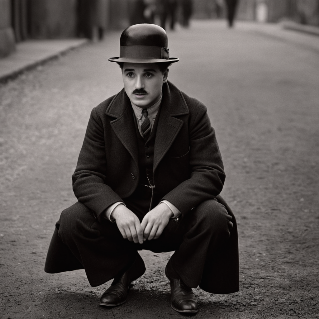 cinematic film still of  <lora:1930's style:1>
In the 1930's charlie chaplin a man sitting on the ground wearing a hat and coat,solo,1boy,hat,monochrome,greyscale,male focus,parody,squatting,realistic,realistic,realism,perfection,perfect,filmic,retro,vintage,classic,different haircut,different look,different style,1930's style , 1930 style, shallow depth of field, vignette, highly detailed, high budget, bokeh, cinemascope, moody, epic, gorgeous, film grain, grainy
