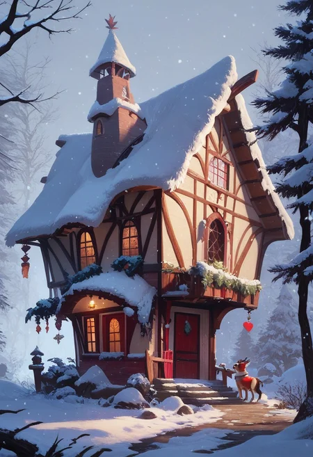score_9, score_8_up, score_7_up, score_6_up, score_5_up, score_4_up, detailed, a Christmas house in the snow, snowing, cheerful