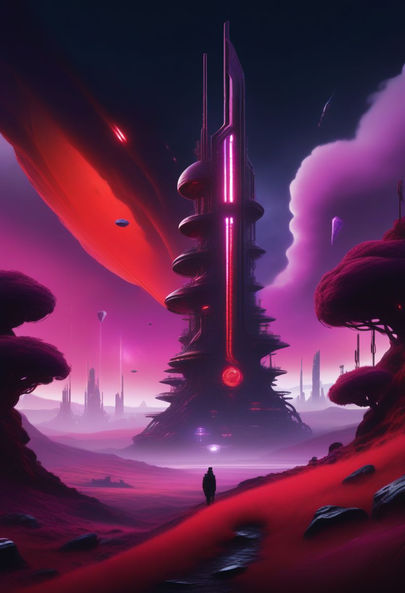 ((masterpiece, best quality)), high resolution, highly detailed, 32k picture,
science fiction, environment, game asset, cinematic, movie poster, cyberpunk, cold colors, red theme, purple fog, volumetrics, smoke, crystals, silhouette, flairs, outdoors, sky, cloud, no humans, grass, scenery, spacecraft, tower, spiral, crystals,