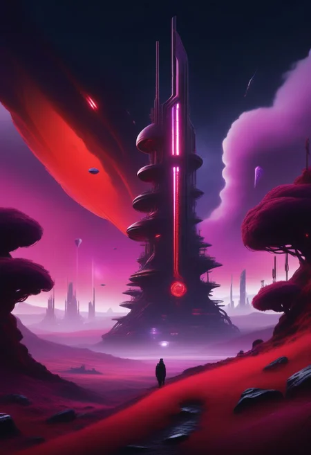 ((masterpiece, best quality)), high resolution, highly detailed, 32k picture,
science fiction, environment, game asset, cinematic, movie poster, cyberpunk, cold colors, red theme, purple fog, volumetrics, smoke, crystals, silhouette, flairs, outdoors, sky, cloud, no humans, grass, scenery, spacecraft, tower, spiral, crystals,