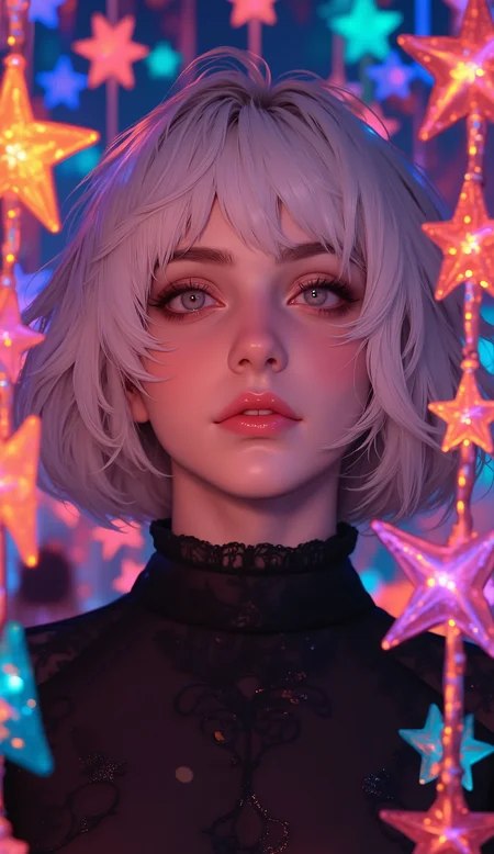 hyper-detailed, detailed clothing, detailed foreground, RAW photo, detailed foreground, detailed clothing, detailed lighting, anatomically correct, causcasian female, whisper innocent eyes
A hyperrealism of a woman framed by a cascade of colorful, star-shaped ornaments. Her platinum blonde hair is slightly tousled, catching the soft glow of the radiant decorations. Her eyes sparkle with a mixture of curiosity and wonder, while her pink lips glisten with subtle highlights. Her black top features delicate textures that are intricately detailed, contrasting beautifully with the vibrant hues of the ornaments. The background is alive with glowing stars, their glass surfaces reflecting dazzling colors onto her skin and hair, creating a magical, ethereal ambiance, semi-realism anime style,