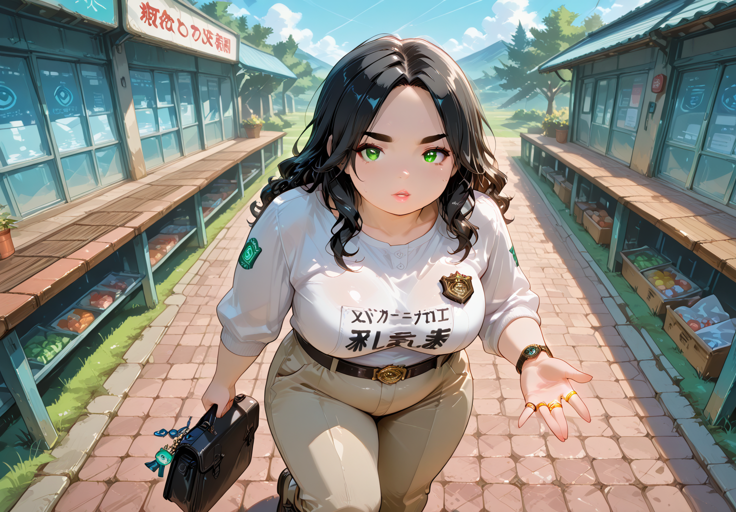 IllusP0s, PonyScores7, source_anime, ah1, IllustriousQual, interesting, exciting, spectacular, wonderful, amazing quality, absolutely eye-catching, 
BREAK <lora:xl_more_art-full_v1:0.2>, <lora:aesthetic_anime_v1s:0.2>, <lora:EpicF4nta5yXL:0.2>, <lora:detailxl:0.2>, detailxl, <lora:Fant5yP0ny:0.2>, amazing quality, best aesthetic, absurdres, illustration, Volumetric_Lighting, ultra-detailed, very aesthetic, intricate details, best_quality,  lazympos, <lora:Add_Details_v1.2:0.4>, <lora:quality_modifiers_masterpieces_v1:0.2>, <lora:ZootPonyAnime_V1_r2:0.2>, <lora:Bestifacator2:0.2>, anime style,
BREAK (((fingers trace circles leaving glowing rings behind))), <lora:DynamicPoseIL2att_alpha1.0_rank4_noxattn_900steps:0.4>, dynamic pose, foreshortening, extreme perspective, <lora:dynamic_anime_art_illustriousXL:0.2>, dynamic_anime_art,
BREAK Stable_Yogis_PDXL_Positives, AS-Adult, <lora:Complicated fantasy portrait - XL Pony V2.0:0.2>, bad-hands-5, <lora:HDA_Detailer:0.3>, <lora:natsumi_style:0.2>, <lora:by_usakun-pony:0.2>, by usakun, <lora:Akina_Bbw_Style_-_PonyXL:0.2>, AkinBw, (((Ground level, (from back), far from viewer))),
BREAK 1girl, mature female, (curvy), round-chin, caucasian, <lora:ETO_OC_Illustrius:0.5>, eto_oc, skindentation, (plump), thick thighs, wide hips, busty, voluptuous, <lora:plussizegirls_IL:0.3>, <lora:plussizegirls_pony:0.3>, <lora:Venus body IXLS3_alpha16.0_rank32_full_last:0.3>, <lora:shinyskin2:0.2>, glistening skin, HDA_FatGirlXL, round ass, large breasts, <lora:perfection style:0.2>, perfection style, perfection, 
BREAK ((attentive cashier, name tag, company badge, stylish belt, wristwatch, pen holder, keychain, light foundation, neutral eyeshadow, minimal eyeliner, clear lip gloss, long-sleeve uniform shirt, khaki pants, loafers, putting groceries in a bag)),
BREAK (curly hair), long hair, (black hair:1.4), (parted hair:1.7), messy hair, kinky curls, <lora:hairdetailpxl:0.2>, hairdetailpxl,
BREAK (half green and brown eyes), (colorful eyes), (multicolored eyes), (downturned eyes:1.4), expressive eyes, <lora:perfect-eyes:0.4>, perfecteyes, EyesHD, (round face:1.2), (thick eyebrows:1.3), (plump face), <lora:Round_face:0.2>, lips, <lora:DetailedEyes_xl_bdsqlsz_V1:0.2>, <lora:Eyes_Lora_Pony_Perfect_eyes:0.2>, <lora:focusoneyes:0.2>, <lora:cinematic eye color style illustrious v1:0.2>,
BREAK (((indifferent expression))), <lora:Expressive_H:0.2>, Expressiveh, <lora:Emotional_Anime_Expressions_PonyXL_Concept:0.2>, emotional, <lora:Best_Facial_Expression_LoRA_PONY:0.2>, looking at viewer, <lora:Detailed expressive EXEV style -XL Pony V1.0:0.2>, FaceDetail, <lora:Best_Facial_Expression_Helper_XTREME_ILLU:0.4>, kaogei,
BREAK (((In a lush botanical garden with the Lotus Temple in the background))), <lora:Background Detailer - SDXL:0.2>, 4k, 8k, Ultra HD, Masterpiece, Best quality, Detailed background, <lora:Add_more_details_V2_XLpony:0.2>, full_details, <lora:background-type1:0.2>, <lora:AddMicroDetails_Illustrious_v2:0.2>, addmicrodetails, SmoothNoob_Quality, <lora:ani40o_stabilizer_v0.6:0.6>,