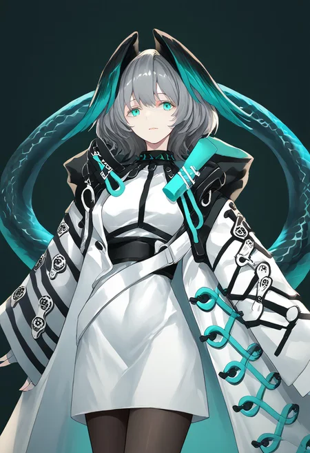 score_9, score_8_up, score_7_up, score_6_up, score_5_up, score_4_up, source_anime, 1girl, solo, 
Hoolheyak, short hair, grey hair, head wings, snake tail, aqua eyes, white dress, bodycon dress, short dress, white coat, black sleeves, white sleeves, two-tone coat, wide sleeves, belt, black collar, jewelry, fur-trimmed coat, hood down, open coat, black pantyhose, fingerless gloves, white gloves, 
masterpiece, best quality, very aesthetic, absurdres,