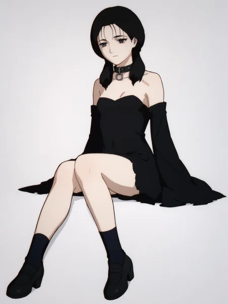 woman, 20 y/o, 20 year old, 20 year old woman, adult, score_9, score_8_up, score_7_up, score_6_up, score_5_up, BREAK masterpiece, high quality, white background, solo, <lora:Yomoda_Chisa_PDXLv1.1-e97:0.8> yomoda chisa, gothic, small breasts, black dress. white dot dress, full body, sitting, black footwear, black collar, death girl, strapless, long sleeves