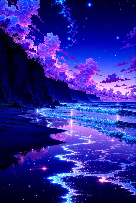 <lora:Vibrant_Glow_style:0.9> VibrantGlow style.
This is a vibrant, fantastical digital art piece depicting a breathtaking night scene at the beach. The scene features a serene ocean at night, with gentle waves reflecting starlight on the dark, wet sand. The colors are a mesmerizing mix of deep blues, purples, and pinks, creating a dreamy, almost otherworldly atmosphere. The waterâs surface sparkles with iridescent blue and white lights, giving it a magical, ethereal quality, as if itâs imbued with stardust or bioluminescent creatures. In the background, a dramatic landscape features dark, rocky cliffs on the left side that rise sharply from the shore, casting long, dark shadows. These cliffs are depicted with a mix of dark blues and blacks, with subtle highlights suggesting rough texture. The sky above is a spectacular gradient of dark blue transitioning to deep purple and indigo, filled with countless stars and a glowing, nebula-like cloud that stretches across the top, adding a cosmic touch to the scene.