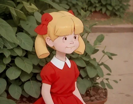 score_9, score_8_up, score_7_up, 1girl, solo, cindyb, cute child, blonde hair, black dot eyes, short sleeves, red dress, bows, <lora:Cindy_Brady:1>,