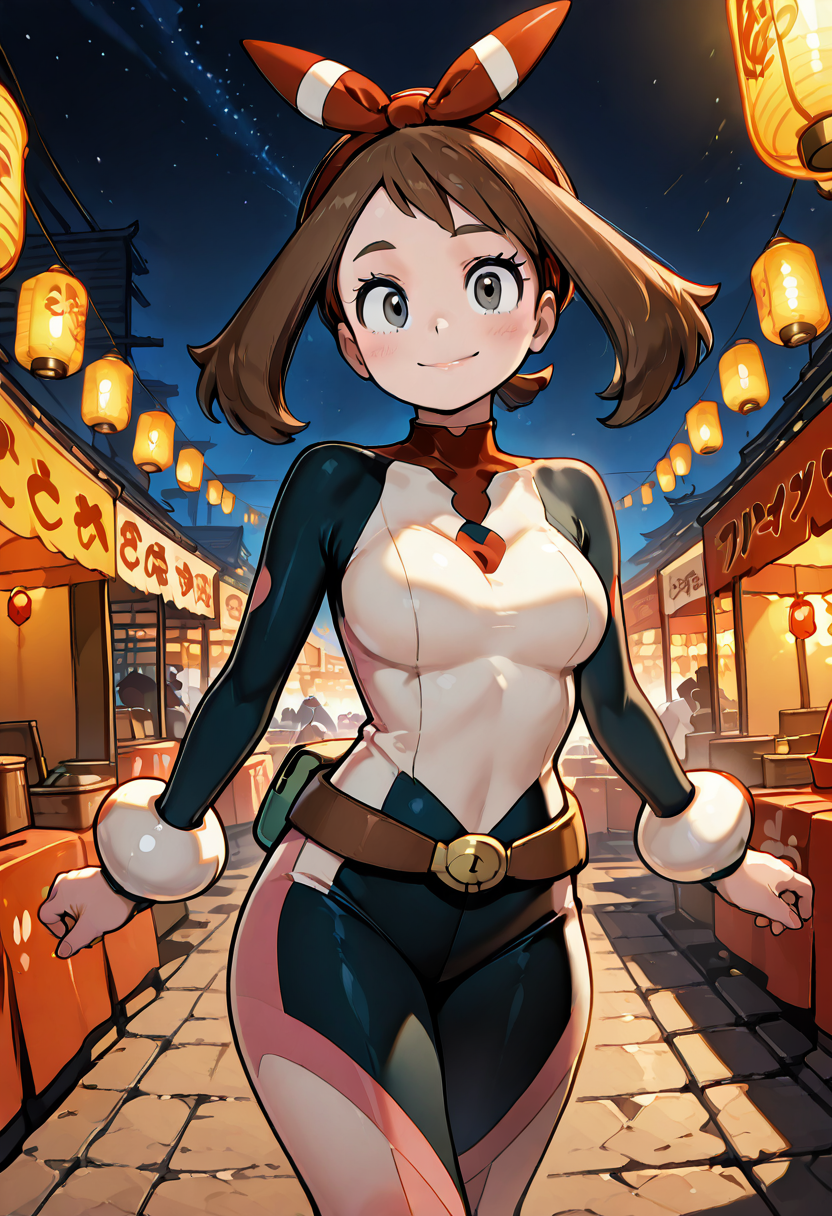 masterpiece, best quality, 1girl, solo, eyelashes, (beautiful eyes),     zzMayOchako, belt, bodysuit,   (dynamic pose, foreshortening),  ,<lora:MayOchakoPokemon_IXL:1.0>,  ,[], festival, paper lanterns, night, walking, slight smile. She strolls through a lantern-lit street during a nighttime festival, The flicker of paper lanterns reflects in her grey eyes, and a faint smile touches her lips. Casual grace that turns heads amid the festive crowd. wave, looking at viewer, smile,