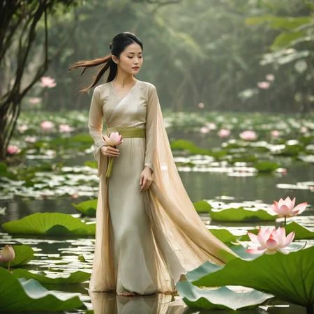 Masterpiece, best quality, 4k, a serene Vietnamese woman in a flowing silk áo dài, gently grasping a blooming lotus flower, her long hair and dress fluttering in the soft breeze, surrounded by lush greenery and subtle golden lighting.