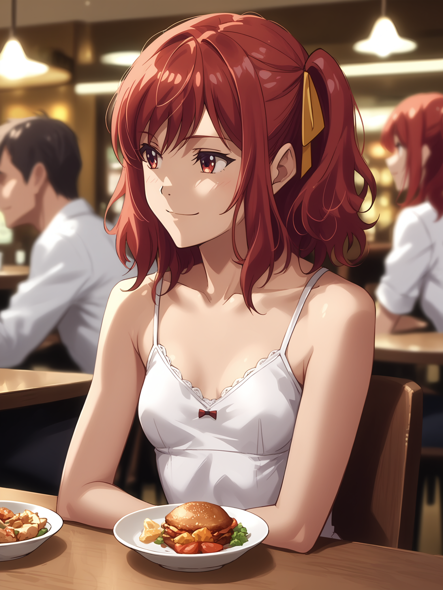 <lora:happy_tentacle-koimisa-v0.2-000022:1>, ht_koimisa, hair ribbon, small breasts, , cowboy shot, 1girl, (petite:1.2), solo focus, smile, , (looking away:1.1), indoors, restaurant, table, (people:1.2), on lap , , (depth of field:0.8), , [(realistic, photorealistic:1.2):(realistic:1.3):22], [(3d:1.2)::10], <lora:LUUNA's Lunas-NijiJourney-SDXL-B2:0.5>, nijijourney, <lora:prgfrg23's Counterfeit-V3.0 Style SDXL_LoRA_Pony Diffusion V6 XL:0.35> score_9, score_8_up, score_7_up, score_6_up, score_5_up, score_4_up,