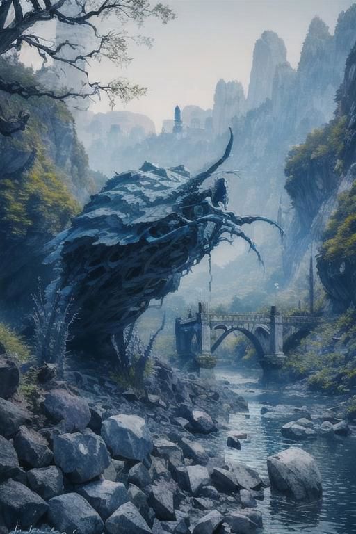 (Realistic:1.5) EdobLandscapeAlpha , outdoors, thorns, signature, blue theme, evening, alien, bridge, solo, rock, forest, <lora:EdobLandscapeAlpha_v1.0:0.8>