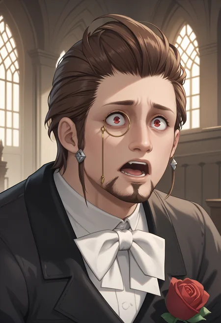 score_9, score_8_up, score_7_up BREAK Hildibrand, portrait, male focus, red eyes, monocle, brown hair, facial hair, black jacket, white bowtie, rose boutonniere, wide-eyed, open mouth, indoors <lora:clamXIVHildibrand_lycoris:0.8>