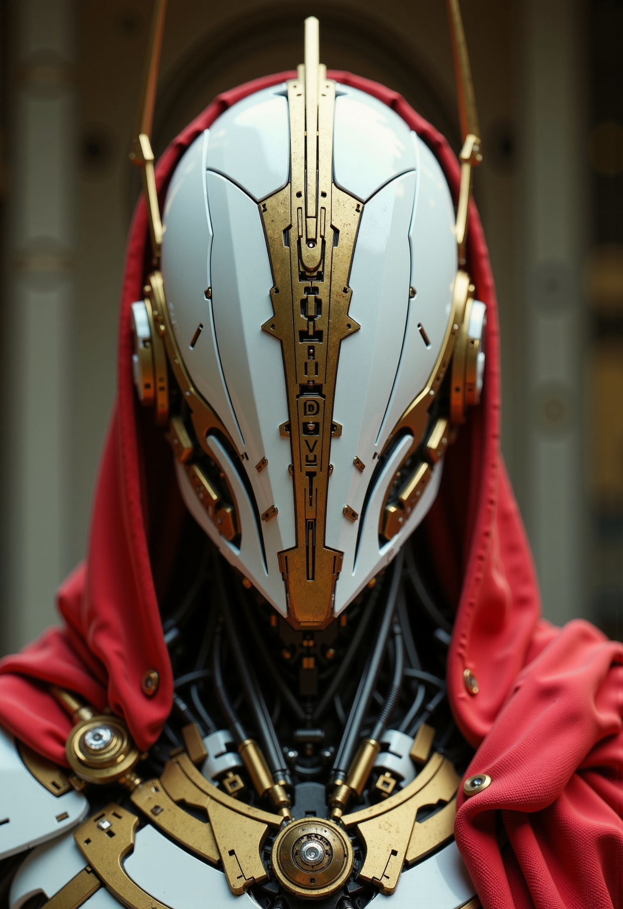 35mm film-still aesthetic, 
in the style of ckfa, Hyperdetailed 35mm film-still of an ancient faceless android roman emporer, white, red and gold accents,
the text:("veni vidi vici") is engraved in intricate golden roman letters,
subtle grain