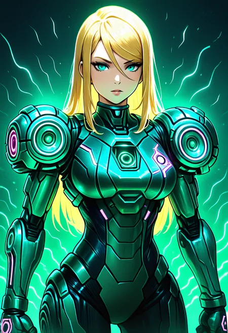 masterpiece, best quality,   AdFF, power armor, green theme, samus aran, long hair, blonde hair, 1girl, solo,    <lora:AudioFileFuture_IXL_v1:1.0>,