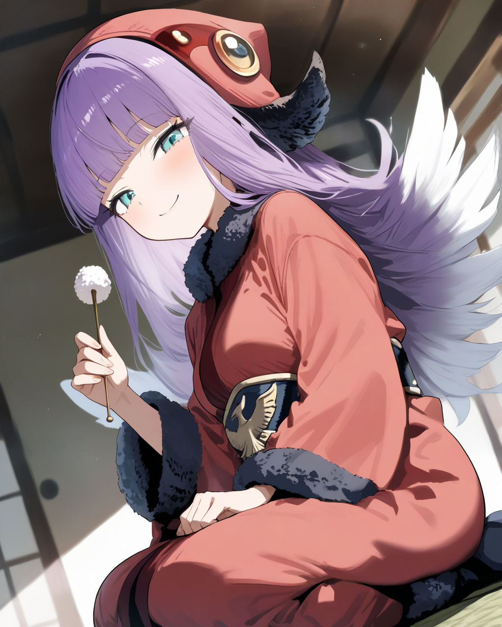 1girl,
MuuShuwuuShinMegamiTensei,
safe, solo, dutch angle,
long hair, hair wings, purple hair, multicolored hair, white hair,
hat, fur trim, earmuffs,
blunt bangs,
beautiful eyes, smile,
holding, mimikaki,
seiza,
coat,
long sleeves,
room,
depth of field,
<lora:kp_MuuShuwuuShinMegamiTenseiAnimagineXL_v1_0:1.0>,
masterpiece, high score, great score, absurdres