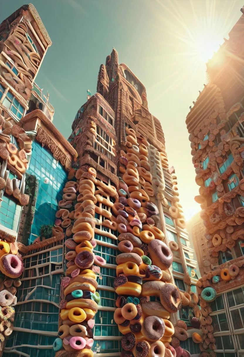 score_9, score_8_up, score_7_up, rating_safe, d0nu71f13d, made of doughnuts, city, sunlight, from below, masterpiece, best quality, insanely detailed,
