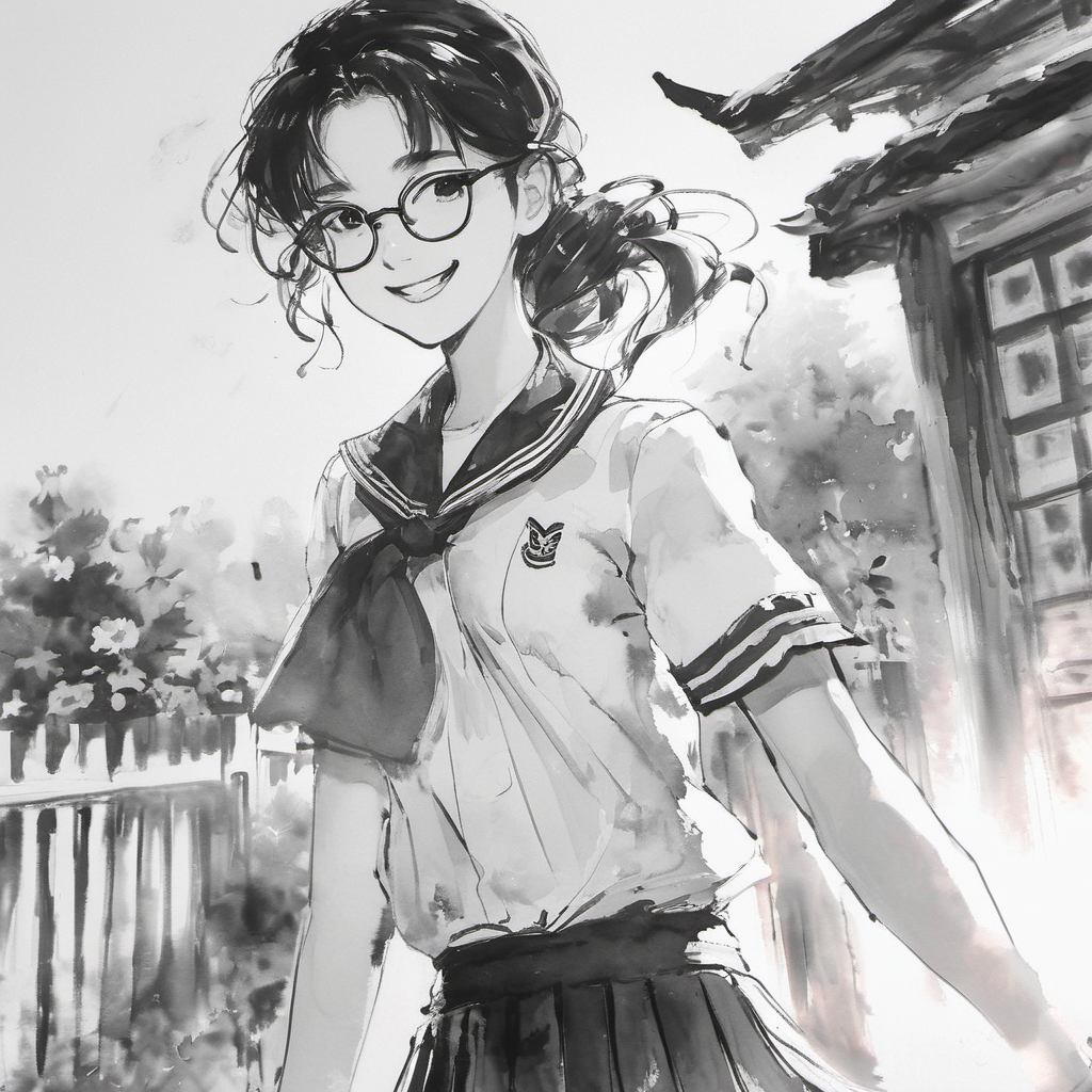 ink-painting, monochrome,greyscale,ink and wash,1girl,solo,(long hair,ponytail,sailor shirt,sailor collar,pleated skirt,scarf,student,bespectacled,small breasts),(black hair),(red scarf),smile,blush,standing,looking at viewer,cowboy shot,Soft Lighting,strong rim light,Beautiful Lighting,outdoors,day,cloudy sky,lens flare,garden,building,flower,<lora:ink-paintingXL-000004:1>,