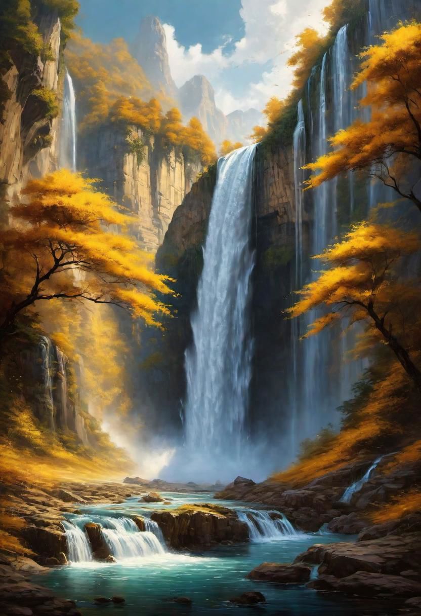 a landscape of a waterfall with gold water,
 masterpiece, highly detailed,
EdobHorrorLandscape,