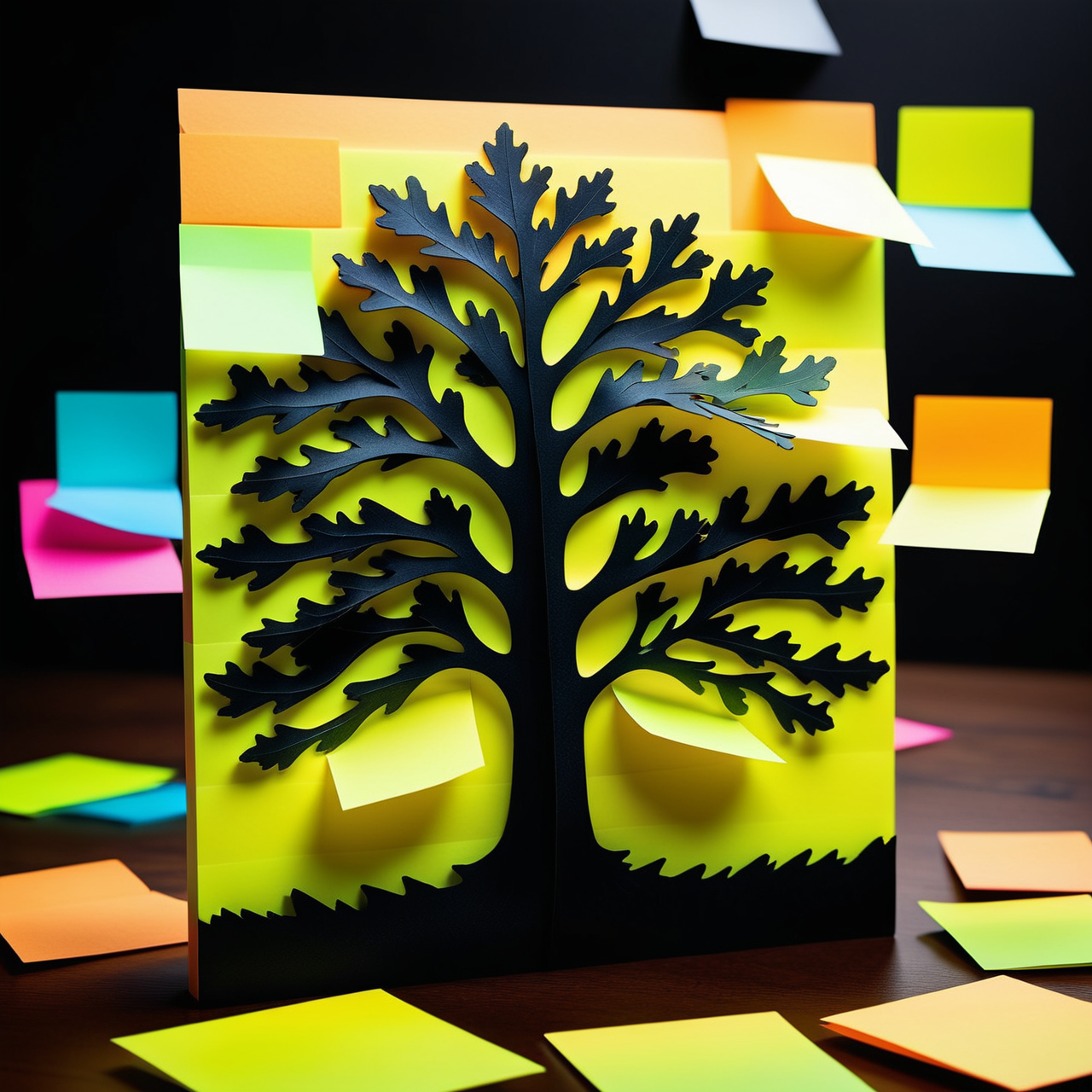 (Black oak:1.1) , detailed with Layered patterns, simple Tradition-bound background, Ultrarealistic, translucency, F/2.8, minimalistic, intricate details, Jed-StickyN, <lora:StickyNotesStyle:1>, magic atmosphere, handsome, fine artistic composition, professional fine composition, surreal, ambient illumination