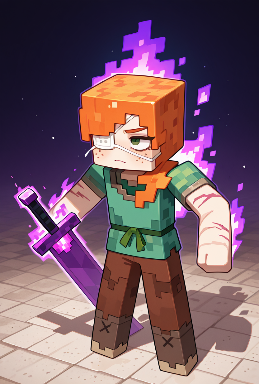 <lora:alexmc-10:1> alexmc, orange hair, 1girl, solo, green eyes, long green shirt, brown pants, short sleeves, freckles, square arms, square body, green waist ribbon,  minecraft end, minecraft end dimension, long tall black pillars in the background, fighting black dragon, purple fire, purple sword, blue chest plate, chest plate armor, blue knight chest plate, armor,  scars, injury, white sand floor, white eye patch,, masterpiece, best quality, amazing quality, very aesthetic, absurdres, newest,