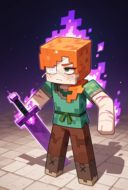 <lora:alexmc-10:1> alexmc, orange hair, 1girl, solo, green eyes, long green shirt, brown pants, short sleeves, freckles, square arms, square body, green waist ribbon,  minecraft end, minecraft end dimension, long tall black pillars in the background, fighting black dragon, purple fire, purple sword, blue chest plate, chest plate armor, blue knight chest plate, armor,  scars, injury, white sand floor, white eye patch,, masterpiece, best quality, amazing quality, very aesthetic, absurdres, newest,