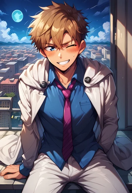 score_9, score_8_up, score_7_up, score_6_up, masterpiece, uncensored, best quality, amazing quality, best aesthetic, absurdres, intricate details, close up, full body, full view, yaoi, gay, anime BREAK 1boy, solo, male focus BREAK brown hair, blue eyes BREAK monocle, white top hat, purple shirt, necktie, white cape, pauldrons, white pants BREAK look at viewer, shy, blush, smile, one eye closed, squinting, relaxed eyebrows BREAK s2lk3n, blue moon, city, roof, kaito kid