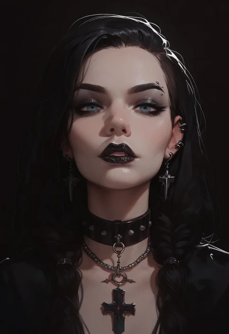 score_9, score_8_up, score_8_up, 1girl, goth girl, white pigtails, black streak in hair, lipstick, looking at viewer, long hair, collar, high res image, masterpiece, high contrast shadows