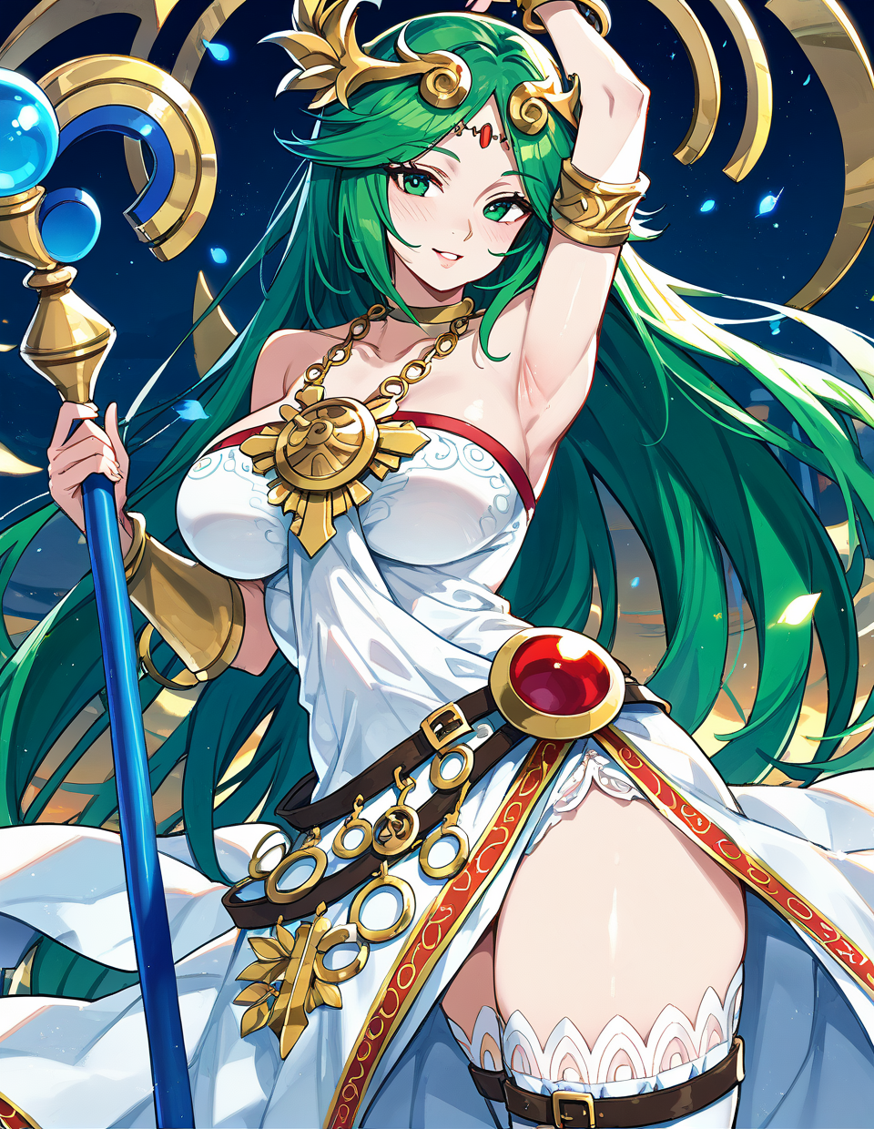 1girl,solo,<lora:palutena_pony:1>,palutena,green hair,green eyes,large breasts,looking at viewer,
jewelry,bare shoulders,tiara,white dress,parted bangs,strapless dress,thighhighs,holding staff,, score_9,score_8_up,score_7_up,score_6_up,score_5_up,score_4_up,