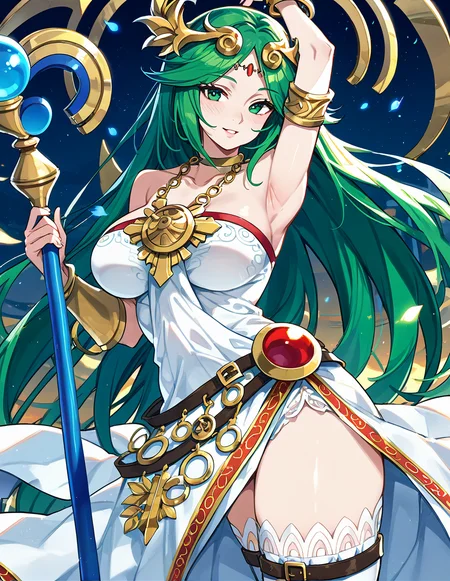 1girl,solo,<lora:palutena_pony:1>,palutena,green hair,green eyes,large breasts,looking at viewer,
jewelry,bare shoulders,tiara,white dress,parted bangs,strapless dress,thighhighs,holding staff,, score_9,score_8_up,score_7_up,score_6_up,score_5_up,score_4_up,