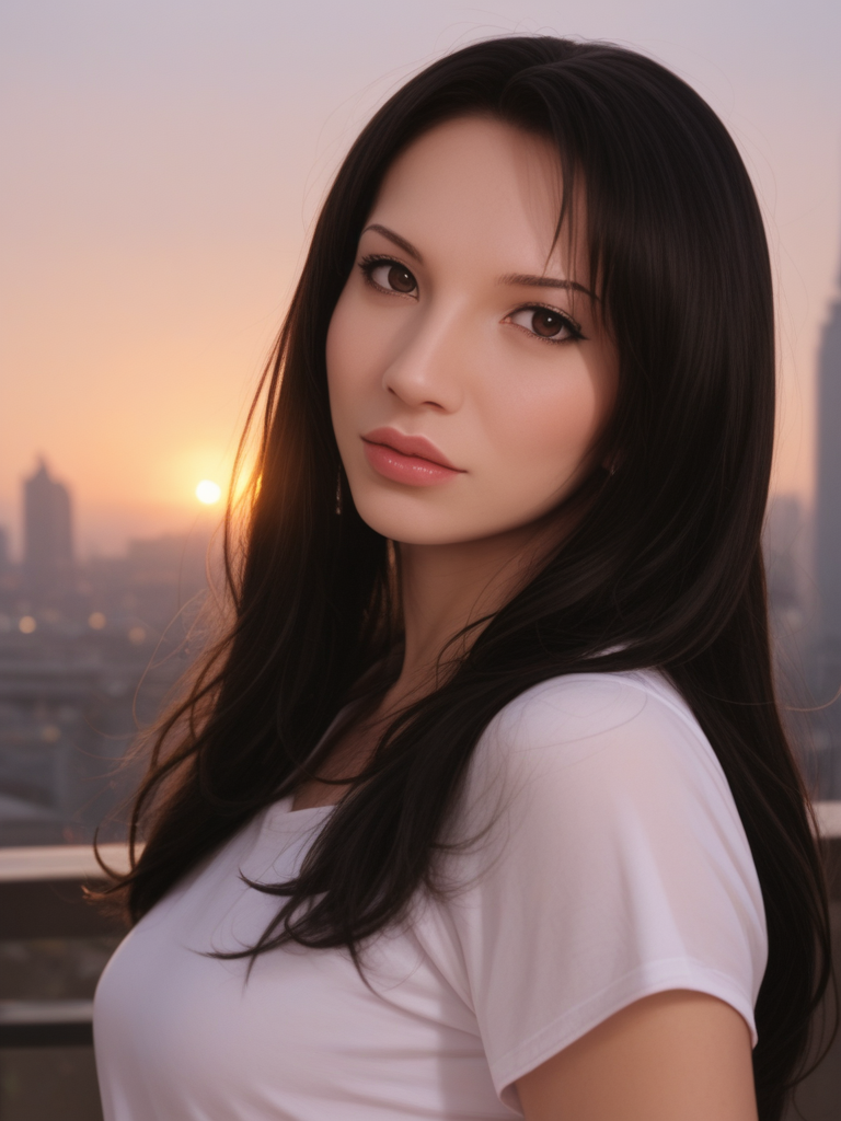 score_9, score_8_up, score_7_up, SabrinaK4mo3i, Sabrina Kamoei, <lora:SabrinaK4mo3i-pony:1>,  cinematic, ultra detailed, portrait, 1girl, makeup, lips, long hair, dark hair, big lips, wearing big baggy shirt, cityscape, 1980s, solo, looking at viewer, bokeh, focus, film, velvia, artistic, best quality, photograph, focus, face focused, magic hour, photography, warm light, sunset, movie still,
